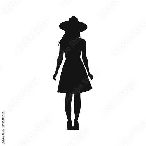 Black Silhouette of a Woman in a Wide- Brimmed Hat and Dress Keywords: woman, silhouette, black