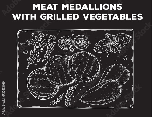 Meat medallions with grilled vegetables sketch. Hand drawn vector illustration. Gastropub, gastrobar, pub food. Detailed design element. Top view.