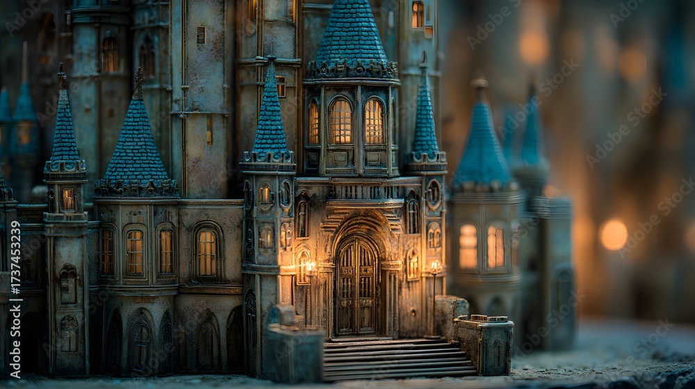 Fototapeta premium Elaborate miniature castle displays a detailed architectural design featuring multiple spires with blue-green conical roofs, illuminated windows, and intricate stonework in a captivating dusk scene.