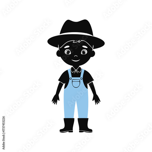 Cartoon farmer boy in light blue overalls and cowboy hat Keywords: farmer, boy, cowboy hat