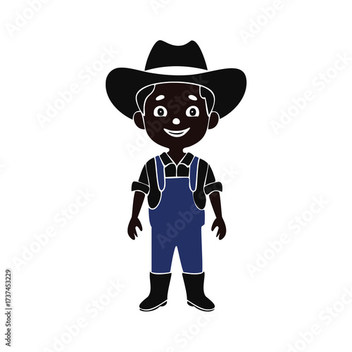 Cartoon farmer boy in blue overalls and cowboy hat Keywords: farmer, boy, cowboy hat, overalls