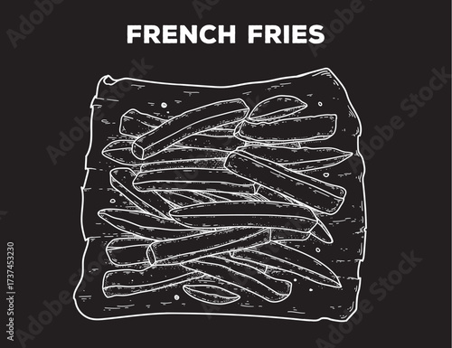 French fries sketch. Hand drawn vector illustration. Gastropub, gastrobar, pub food. Detailed design element. Top view.