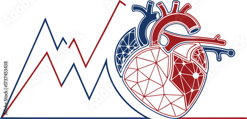 Low-poly heart graphic featuring futuristic digital connections and vibrant gradient colors isolated on a dark background