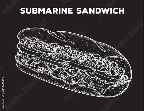 Submarine sandwich sketch. Hand drawn vector illustration. Gastropub, gastrobar, pub food. Detailed design element. Top view.