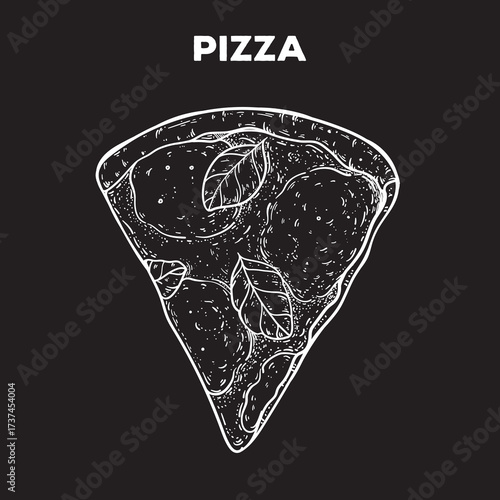 Slice of pizza sketch. Hand drawn vector illustration. Gastropub, gastrobar, pub food. Detailed design element. Top view.