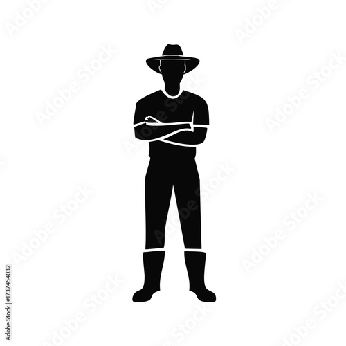 Silhouette of a farmer with arms crossed and boots on white background