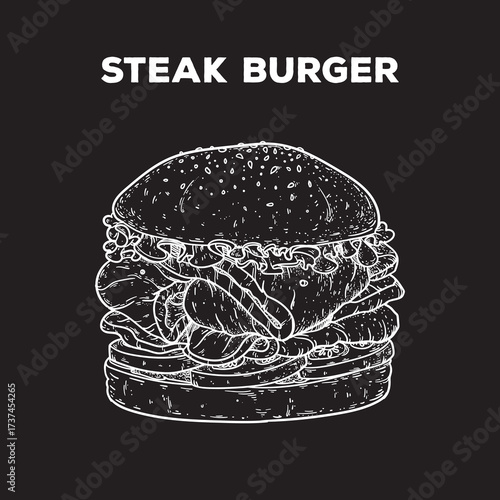 Steak burger sketch. Hand drawn vector illustration. Gastropub, gastrobar, pub food. Detailed design element.