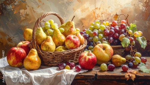 Basket of Assorted Fruits Still Life Painting with Apples Grapes and Pears on Wooden Table with Textured Background in Warm Light