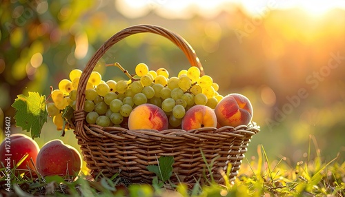 Basket of Green Grapes and Peaches in a Sunny Vineyard Landscape at Golden Hour
