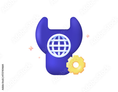 Illustration of a wrench symbol with website and gear symbols. Website repair and maintenance concept. Web engineering. 3D style design. White background.