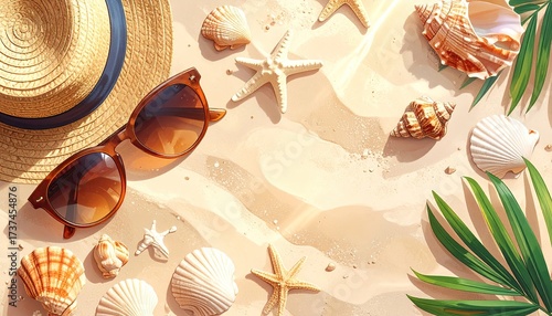 Beach Vacation Still Life with Straw Hat Sunglasses Seashells and Palm Leaves Sunny Coastal Holiday Flat Lay