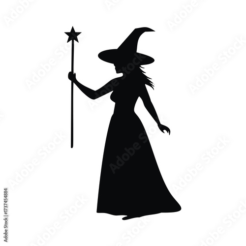 Witch Silhouette With Wand And Hat On White Background Keywords: witch, silhouette, magic