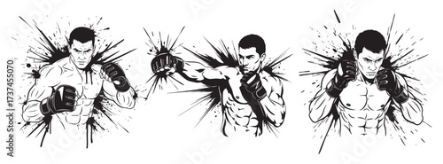 muscular fighter wearing black fingerless combat gloves in a fighting stance