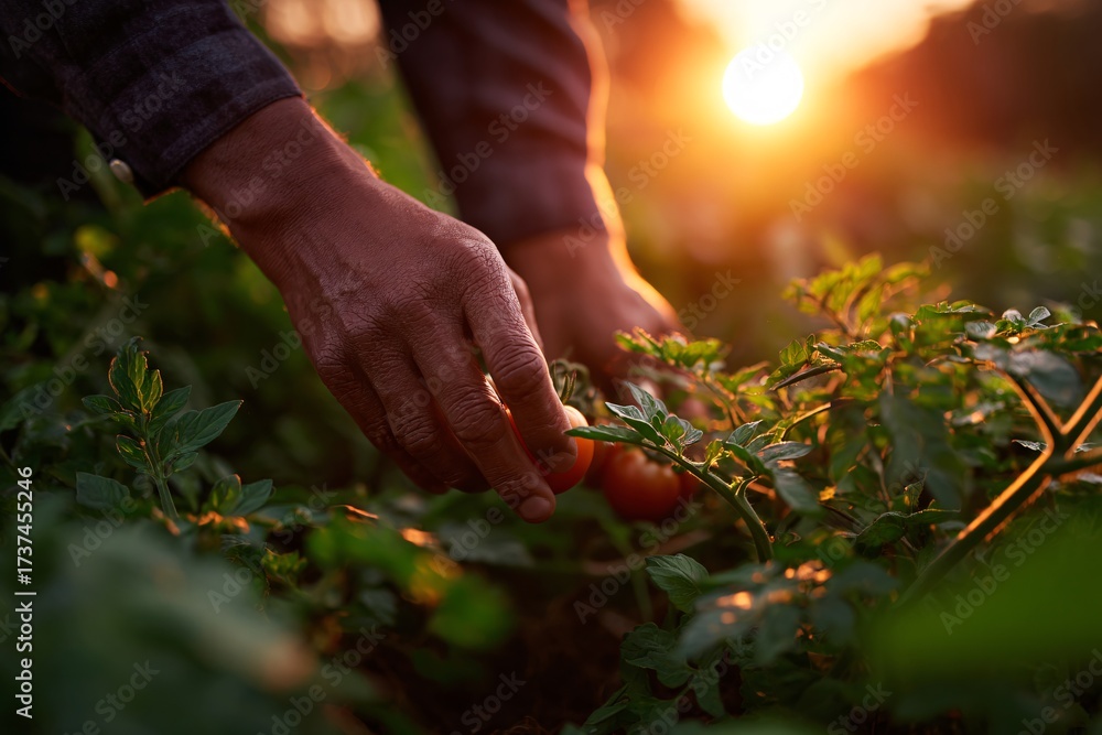 Fototapeta premium Agricultural workers harvest tomatoes at sunset in the field Generative AI