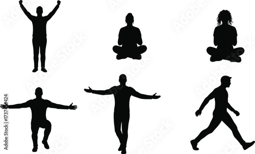 Human silhouette vector set with meditation, yoga, walking, kneeling, and open arm poses for lifestyle, wellness, and creative design.