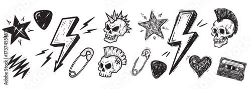 Hand drawn rock punk music star grunge tattoo doodle icon element set. Crayon brush stroke hand drawn sketch style doodle rock punk lightning tattoo. Crayon scribble music star vector illustration