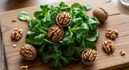 Fresh Lambs Lettuce and Walnuts on a Wooden Board.