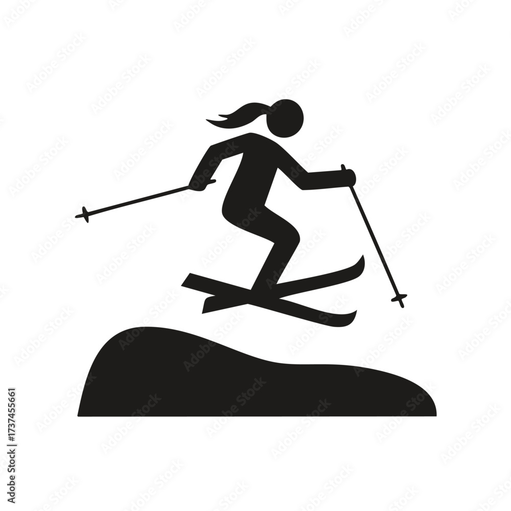 Fototapeta premium Black silhouette of a female skier jumping over a mound Keywords: skiing, skier, jump, mound