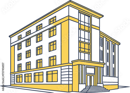 Yellow geometric office building icon shown in a clean front view, representing corporate business and architecture.
