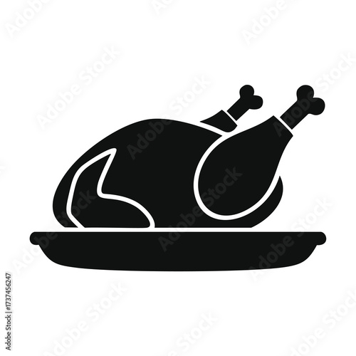 Black silhouette of a roasted chicken on a platter on white background