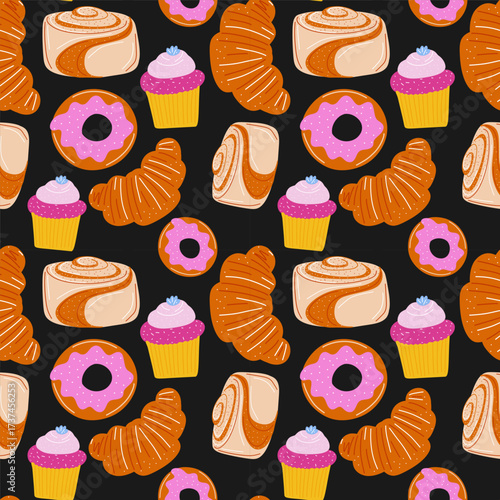Donut seamless pattern, sweet bakery pastry wallpaper for kids, textile, gift wrapping, and bakery design.