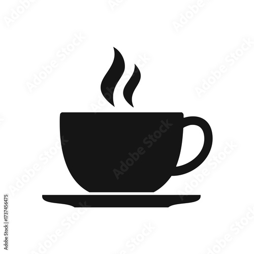 Black silhouette of a steaming coffee cup on a saucer Keywords: coffee, cup, mug, hot, drink