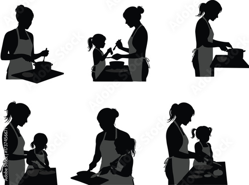 Silhouette illustration of mother and daughter cooking together, family preparing meal, kitchen activity, parent teaching child, home food preparation, bonding