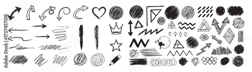 Line marker hand drawn brush arrow element set. Sketch pencil stroke vector graphic pen underline scribble icon. Hand drawn line heart, crown, star symbol highlight marker shape. Vector illustration