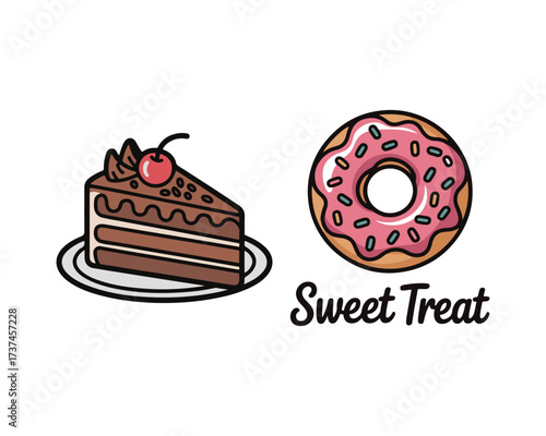 Cute illustration of a chocolate cake slice with cherry topping and a pink frosted donut with sprinkles labeled Sweet Treat, ideal for bakery logos, desserts, and food design.