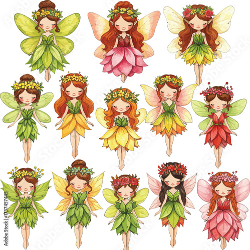 Enchanting collection of diverse flower fairy characters in bright colors