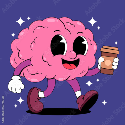 Brain with Coffee Retro Cartoon
