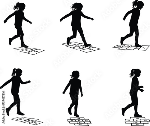 Silhouette girl playing hopscotch, child jumping game, outdoor playground activity, schoolyard fun, kids running exercise, traditional childhood game, active lifestyle, sports learning