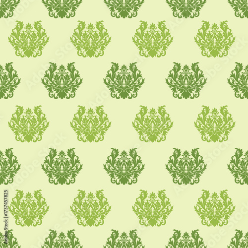 Ornate vintage floral design in shades of green on a pale background, repeating symmetrically.