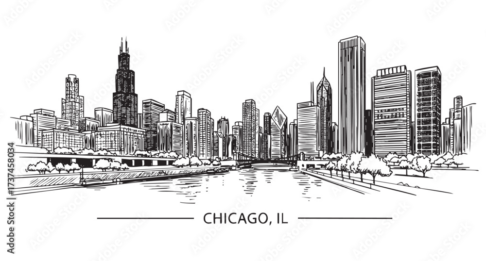 Obraz premium chicago cityscape landscape panoramic, abstract brush sketch line vector 