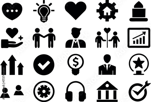 Core Values line editable icon set, core values icons collection