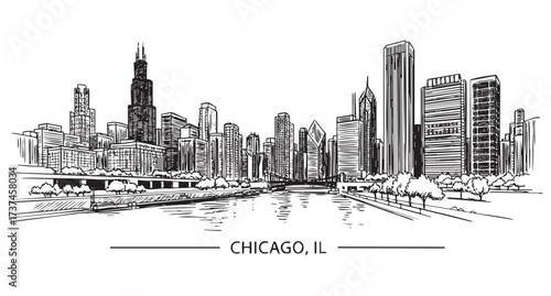 chicago cityscape landscape panoramic, abstract brush sketch line vector 