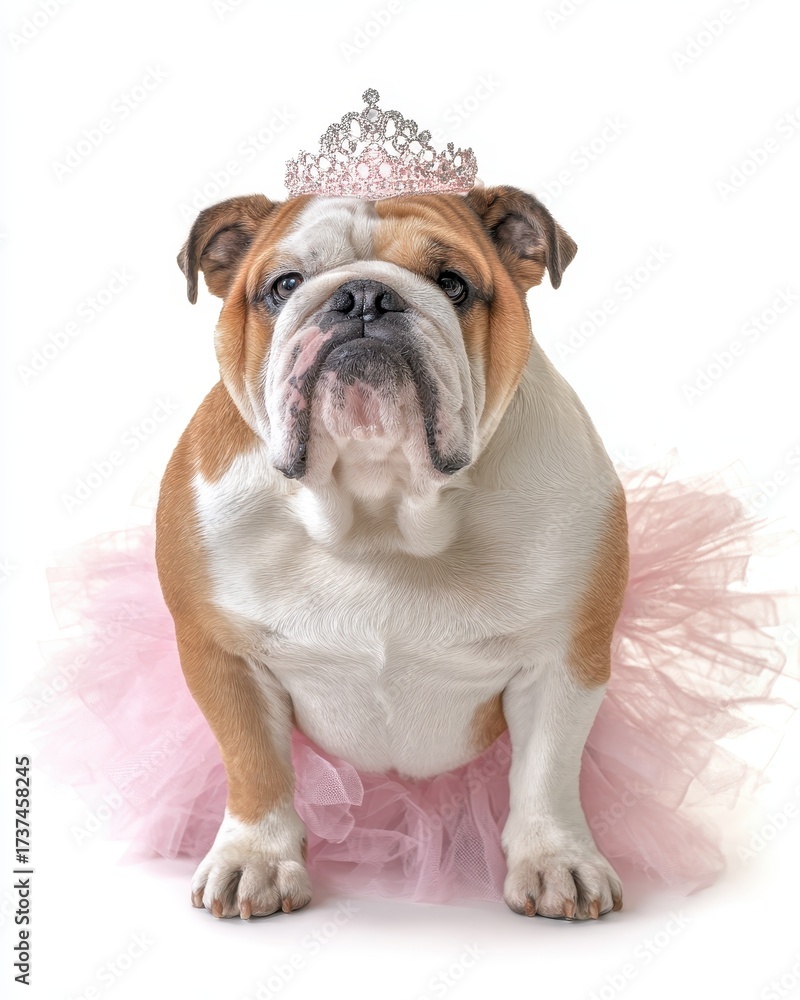 Obraz premium Dog Tutu. Portrait of Pedigree Bulldog in Unique Queen Halloween Costume on White Studio Background