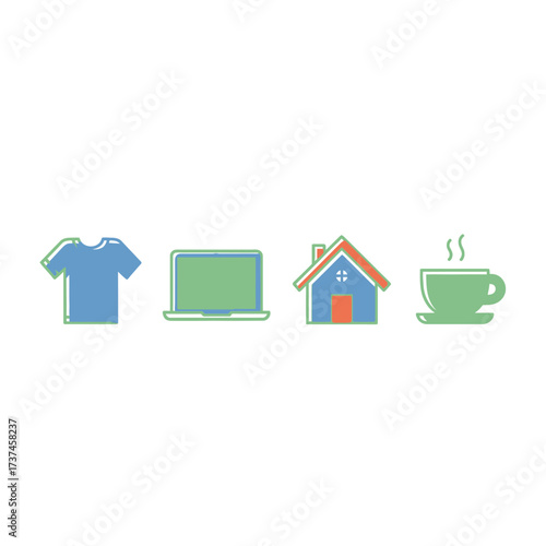 Simple icons represent essential elements for modern living work and comfort depicting clothing technology home and coffee