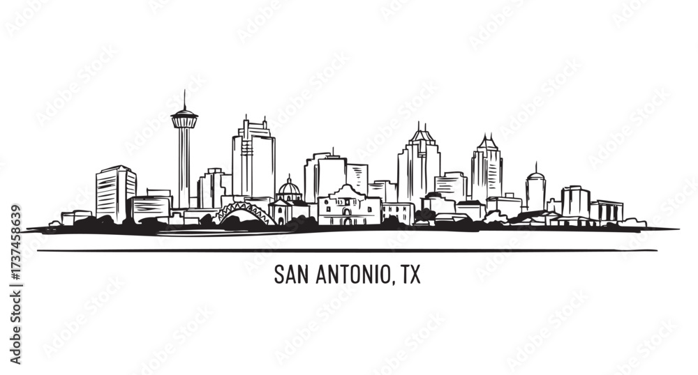 Obraz premium San Antonio, TX cityscape landscape panoramic, abstract brush sketch line vector 