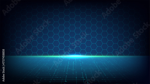 technology digital futuristic virtual network data cyberspace glowing horizon hexagonal grid immersive hightech background modern cyber landscape architecture and innovation concept