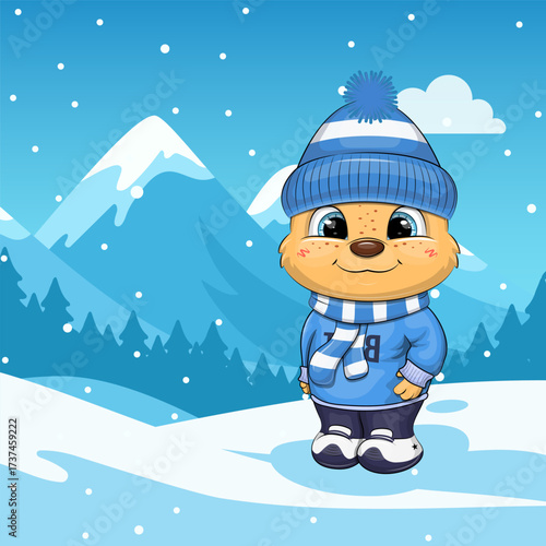 Cute cartoon bear with blue hat and scarf in winter. Vector Illustration of Animal in nature on a blue background with snow.