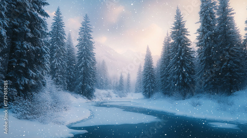 pine forest with frozen river in winter. landscape background scene