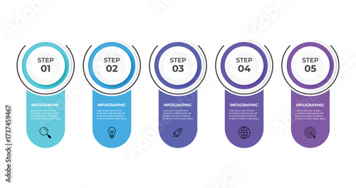 vector infographic template. Flowchart presentation design elements with text space. Data visualization with 5 steps. Process timeline chart. Workflow layout with copyspace
