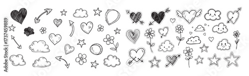 Line icon cute element set. Doodle line color icon decorative arrow, cloud, crown, sparkle and flower. Hand drawn heart, sketchy figure, funny outline and cartoon ribbon for kids. Vector illustration