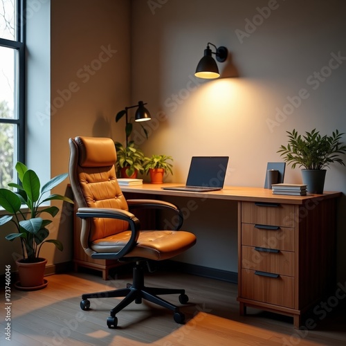 Lounge-style office nook with corner table and ambient wall light