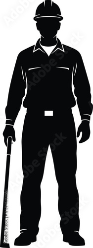 Construction worker silhouette, black figure, hard hat, crowbar pose, manual labor, industrial job, vector illustration, white background, work safety