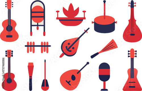 Diverse asian musical instrument vector icons bundle scalable eps illustration set