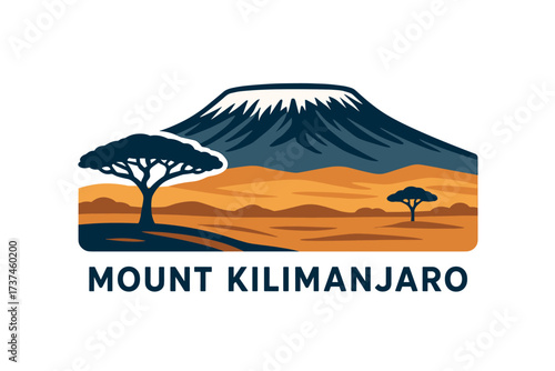 Mount Kilimanjaro Logo with Volcanic Slopes and African Savanna Landscape
