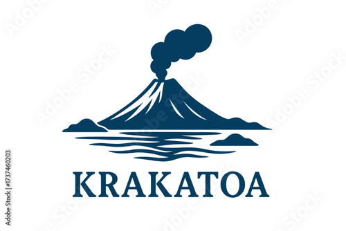 Krakatoa Volcano Logo with Steep Cone, Smoke Plume and Island Setting