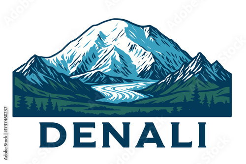 Denali Skyline Logo with Snowy Dome, Glaciers, and Alaskan Wilderness